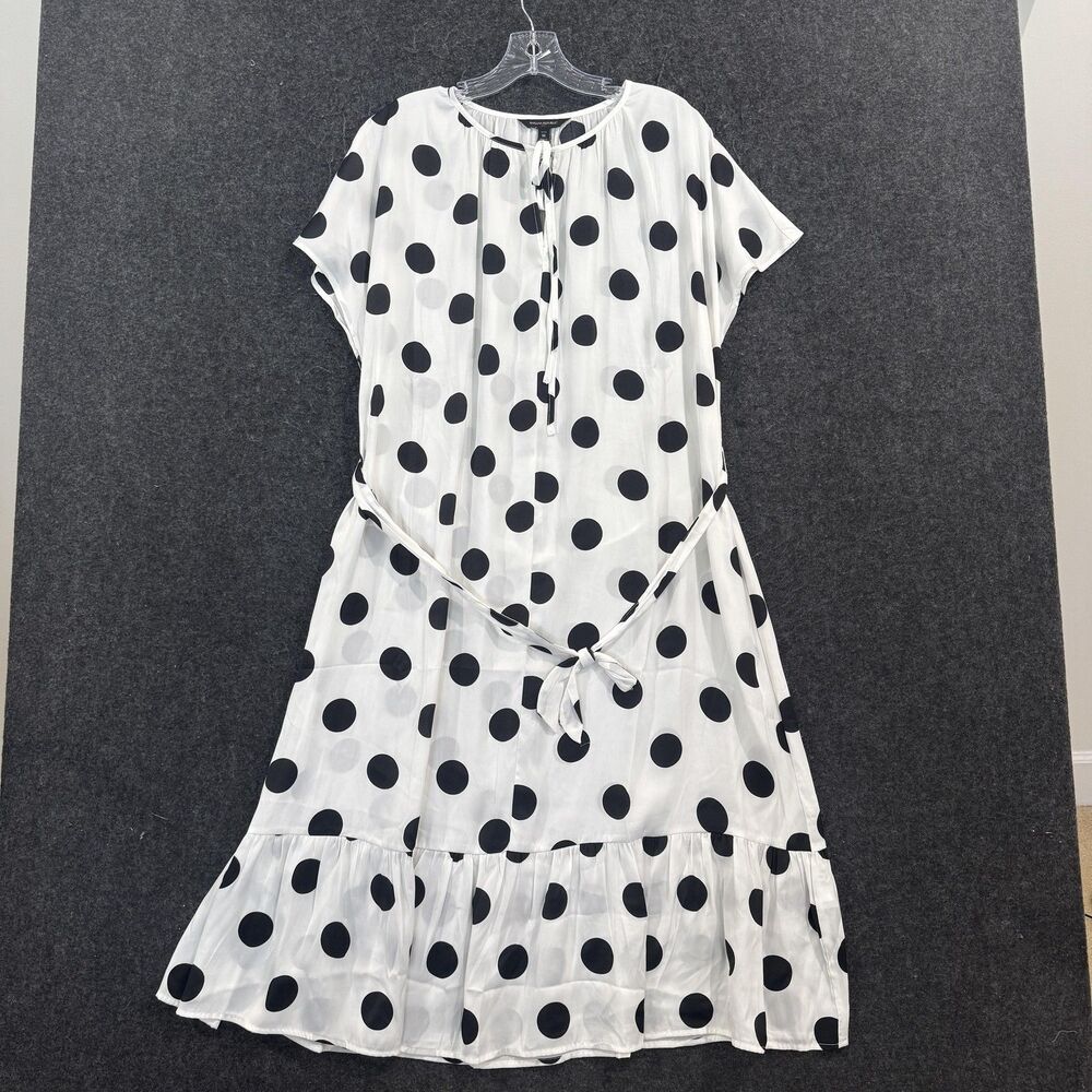 Banana Republic Dress Women's Medium Petite White Polka Dot Midi Belted Ruffle